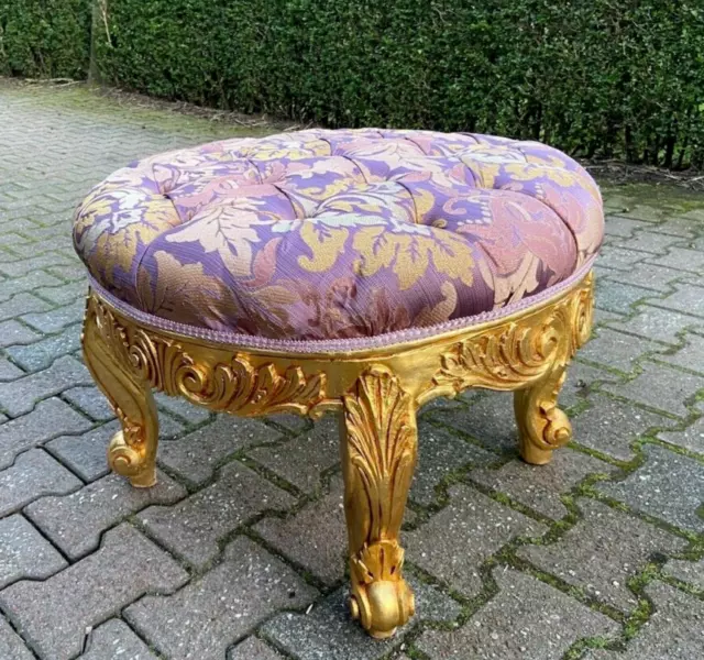 Opulent Charm: French Louis XVI Bed Bench in Gilded Beech and Purple Damask