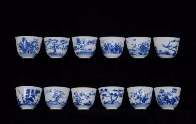 12Pcs Old Blue And White Chinese Porcelain Cup Kangxi Marked St684