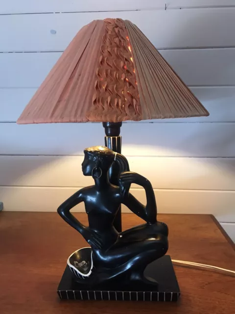 Rare Vintage Barsony Pottery Black Lady Lamp Original Shade As Found