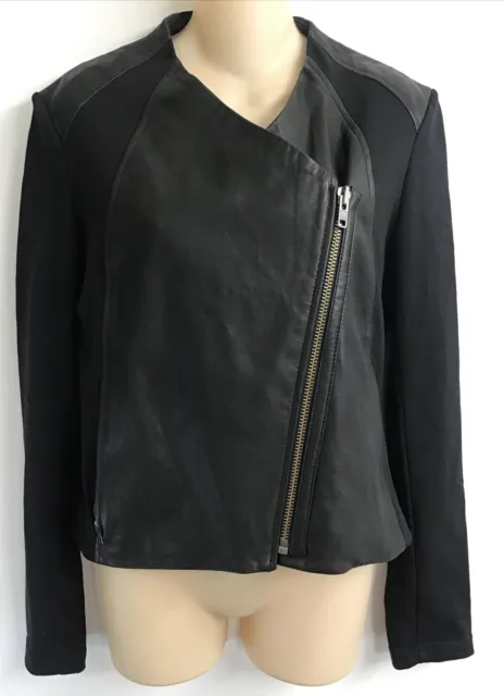 helmut lang Jacket Black Leather Front Knit Sleeves Stretch Zip Up Size M NWT