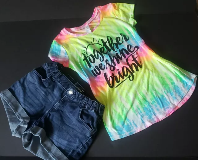 Cat & Jack Justice Girl Outfit Florescent Shirt Sz 12 Denim Jean Shorts Sz 14/16