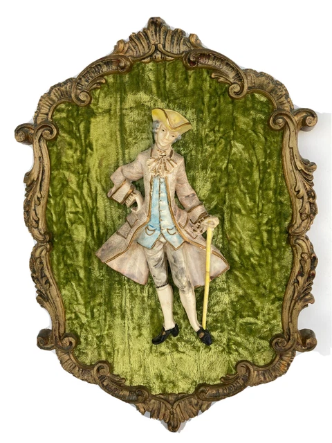 VTG 60's 3D Wall Plaque Baroque Victorian Couple Green Velvet 15" Lot of Two 3