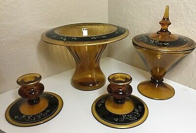 Vintage Indiana Glass Amber Art Deco Console 6 Pc. Set 2 Compote Candle Holders