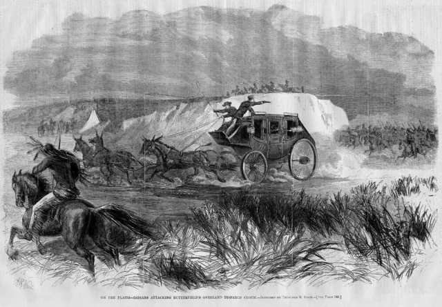 Indians Attacking Butterfield Overland Dispatch Stagecoach 1866 Indian Bow Arrow