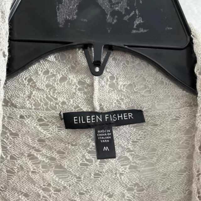 Eileen Fisher Wool Cardigan Top Womans Medium Sheer Geometric Beige 3/4 Sleeve 2