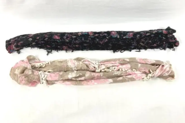 Lot of 2 Women's Scarves Black Pink White Wrap Accessory Fringe Floral Ecote