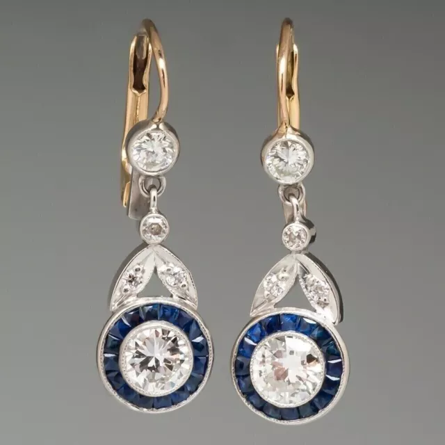 Art Deco Lab Created Diamond & Sapphire Wedding 14K Yellow Gold Filled Earrings