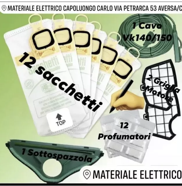 Sacchetti Folletto Vk 140 150 12Pz+12 Profumi+2 Filtri + Spazzola + Cavo Vorwerk