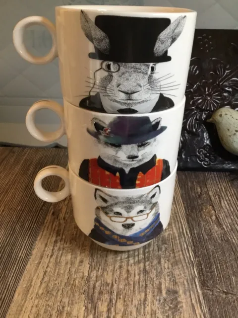 Stackable Animal wearing hats Mugs Bunny Fox Dog Dressed  Double Sided Adorable