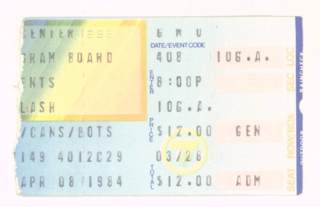 The Clash 4/8/84 Washington DC George Washington University Ticket Stub GWU