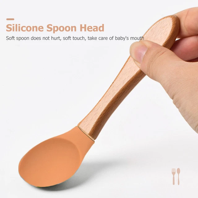 Baby Wooden Silicone Feeding Spoon Toddlers BPA-free Tableware (25)