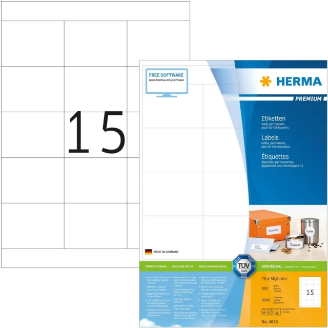 HERMA 4618 Universal Etiketten DIN A4 (70 x 50,8 mm, 200 Blatt, Papier, matt)