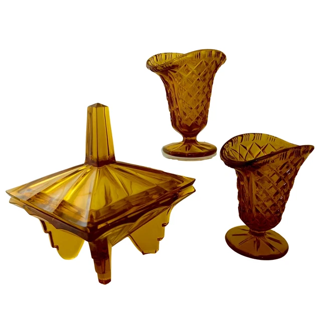 Amber Depression Glass Candy Dish and a Pair of Small Vases Art Deco Vintage