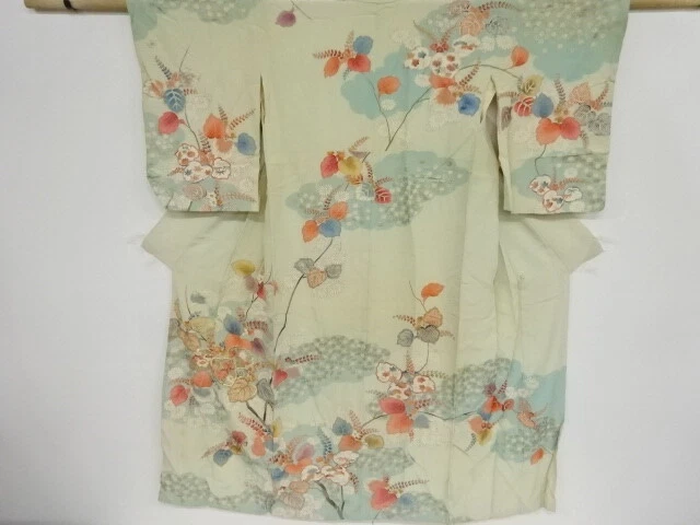 42027# Japanese Kimono / Antique Kimono / Embroidery / Paulownia & Floral Pl