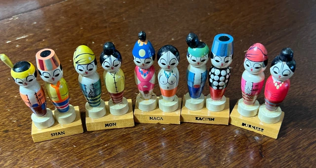 Burmese Folk Art Style Tiny Wooden Dolls Tribes People Of Mayanmar Burma