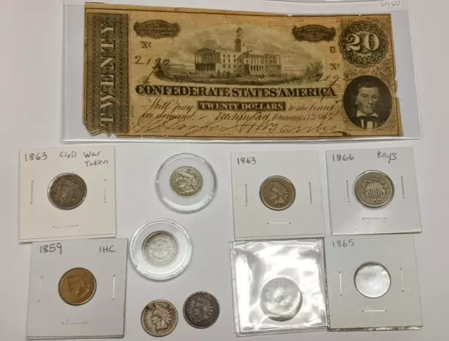 Lot Of Civil War Era Coins And Confederate Currency, Tokens, 2¢, 3¢, Indian Head