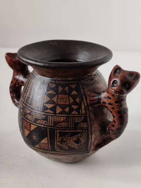 Vintage Peru Inca Folk Art Jaguar Handles Jar Jug Ceremonial 10cm Fast Shipping