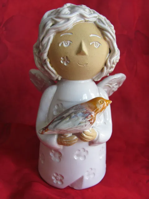 Hand Crafted Clay Pottery Angel Holding a Bird Figurine Spaghetti Hair