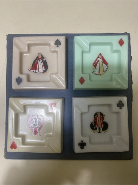 Coffret Ancien Grimaud - 2 Jeux De Cartes + 4 Cendriers Opaline Bleue - Vertadec