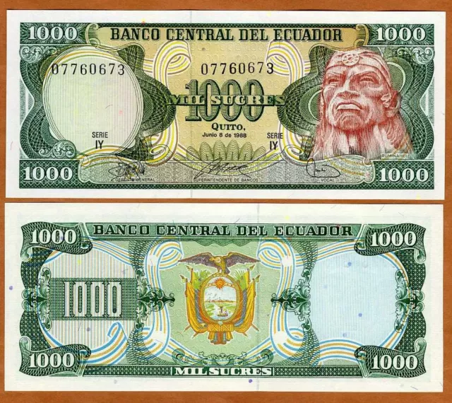 Ecuador, 1000 Sucres, 6-8-1988, P-125b IY, Obsolete Currency, UNC Ruminahui