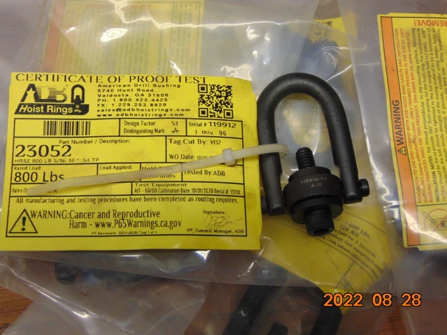 (1) ADB Hoist Ring 23052 Heavy Duty Ring 800 lb 5/16-18 Thread  CERTIFIED