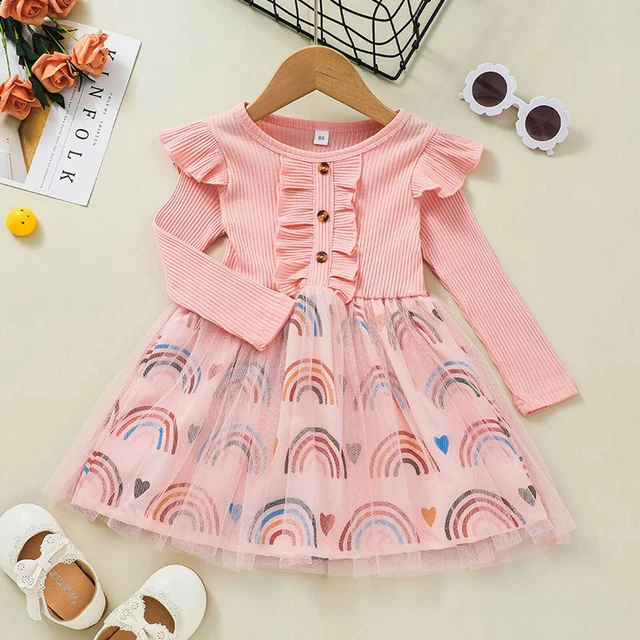 Abito principessa tulle per bambine stampa arcobaleno vestiti maniche lunghe arricciate