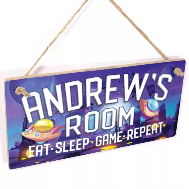 Personalised Gamer Bedroom Door Sign UFO Space Eat Sleep Game Repeat Custom Text