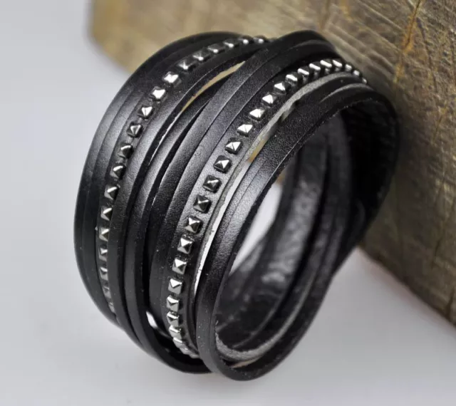 S393 Handmade Cool Double Wrap Metal Studded Multi Bands Leather Bracelet Cuff