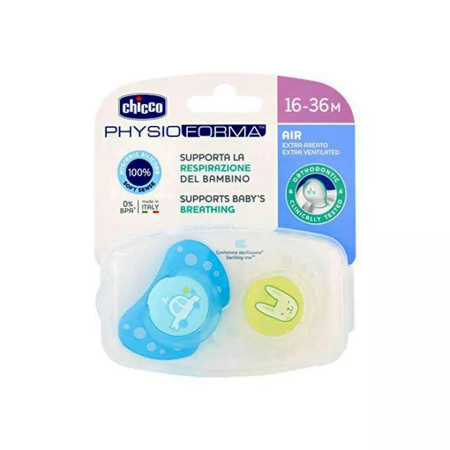 Chicco 2 Sucettes 16-36m Bébé Physio Forme Silicone Tétines Sucette Bleu