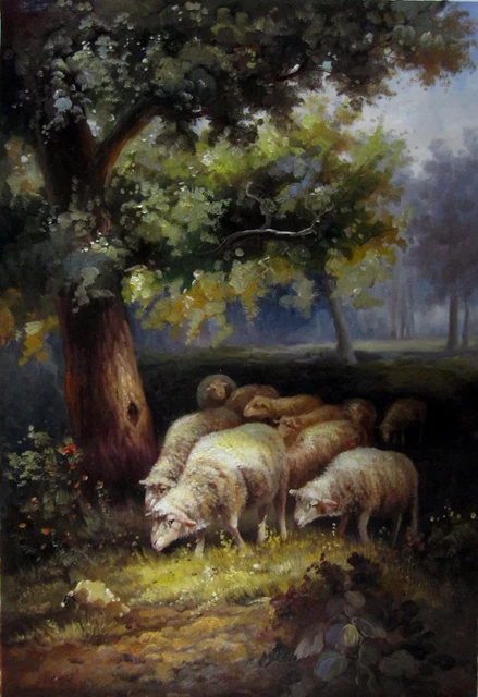 paysage moutons tableau peinture huile sur toile signée / painting on canvas