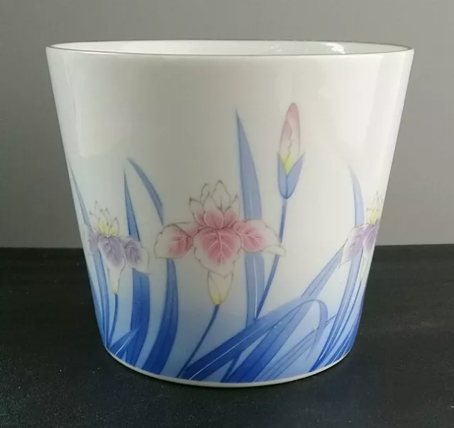 Japanischer Pflanztopf Iris Blumen rosa blau goldfarbener Rand 11 cm hoch 12 cm breit