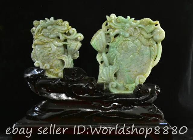 13" Chinese Emerald Jade Jadeite Carved Fengshui Dragon Fish Statue Pair