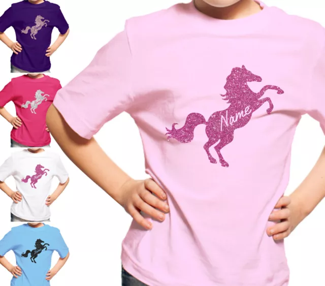 Personalised Horse Riding T-Shirt Girls Glitter School Pony Tshirt Kids Top