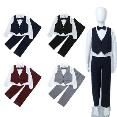 Kids Boys Party Suits 4Pcs Lapel Neck Shirt Single-Breasted Vest Pants Tie Knot