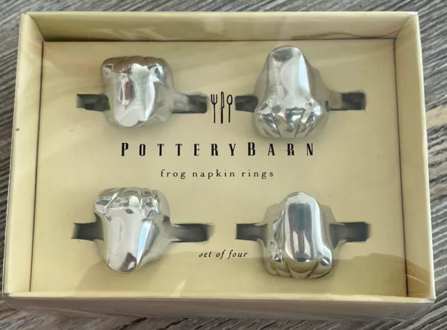 Pottery Barn FROG Napkin Rings Silver Tone Set Of 4 New In Box Cute !!