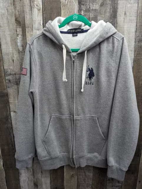 U.S. Polo Assn. Men's Size L Gray Full Zip Hoodie Hooded Sweatshirt Jacket