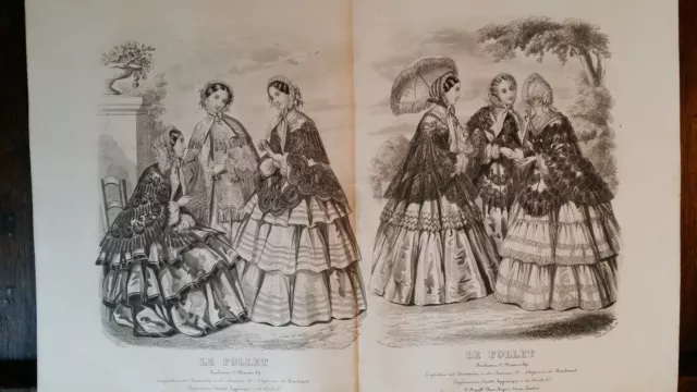 1854 3X Antique Victorian Fashion Plate Prints Engravings Le Follet France