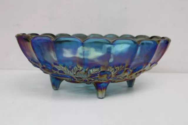 Vintage Indiana Iridescent Blue Carnival Glass Harvest Grape Oval Footed Bowl
