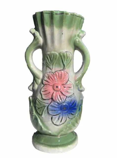 Vintage floral Hand Painted Handled Porcelain Ceramic Vase 8 Inches Tall