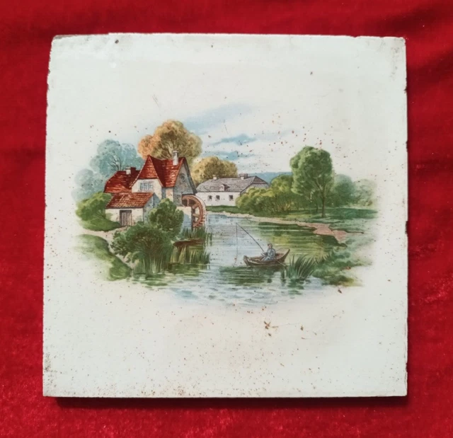 1 Piece Old Art Deco Printed Design Majolica Ceramic Tiles England 0308