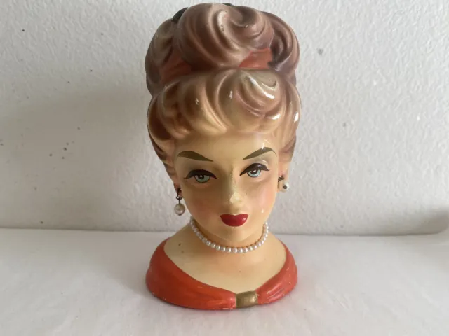 Vintage 6" Rubens  Japan Lady Head Vase Headvase pearl earrings necklace