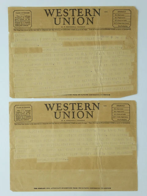 Western Union Telegram President Ronald Reagan To Hazel Burgess SAG Actor 1951