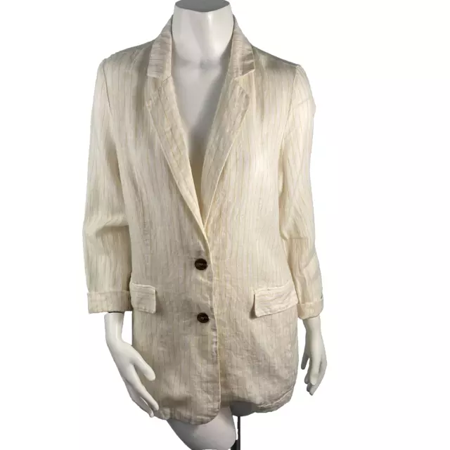 Cynthia Rowley Sz Small 100% Linen Blazer Jacket Ivory Yellow Stripe Lightweight