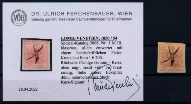 LOMBARDEI-VENETIEN 1850 15C, BLAßROSA! MP, Type III. HANDSCHRIFTLICHE! VÖB!