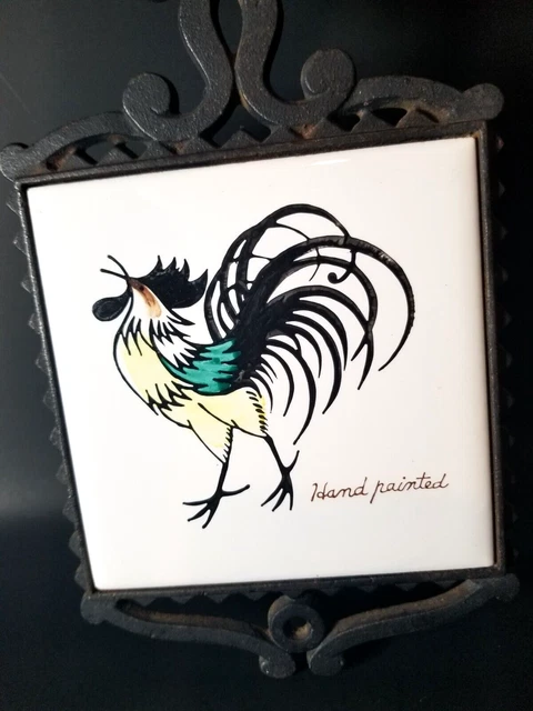 Vintage Cast Iron Hand Painted Made in Japan Rooster Tile Trivet / Wall Hanger
