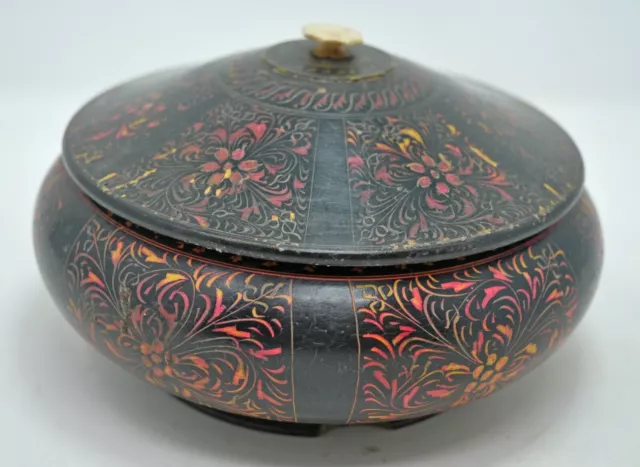 Antique Wooden Fine Lacquerware Food Box Original Old Fine Hand Turned Painted