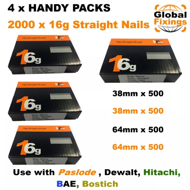 4 x Handy Packs 38mm+38mm+63mm+63mm-MIXED 2000 16g STRAIGHT Dewalt Paslode Nails