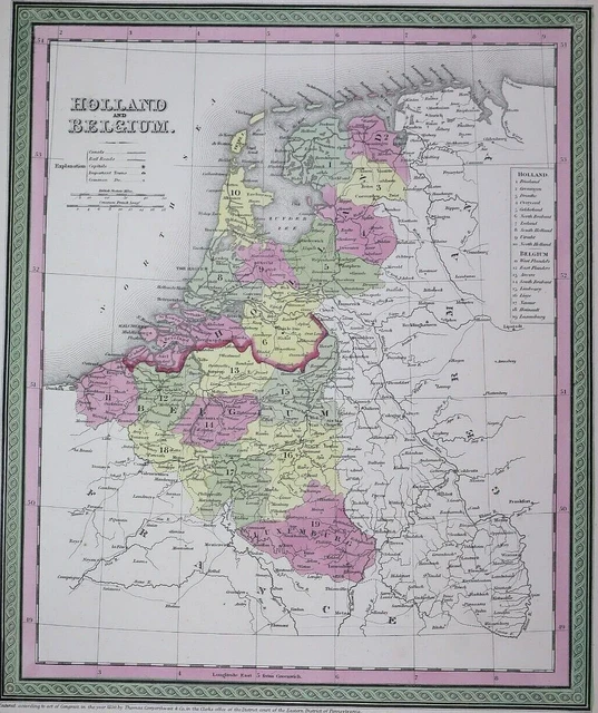 1854 Cowperthwait / Mitchell's Atlas Map ~ HOLLAND - BELGIUM ~ Free S&H ~Inv#258