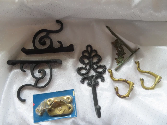 Lot Of 7 Vintage Hooks/Coats/Plants/etc.  Metal/Brass + a Brass Lock/unopened 3