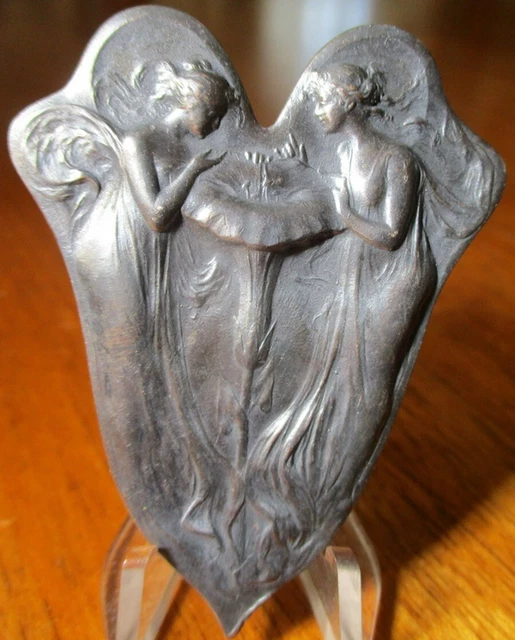 UNIQUE! Vintage Antique French~FAIRIES/ANGELS LOOK N FLOWER~Metal Picture Button